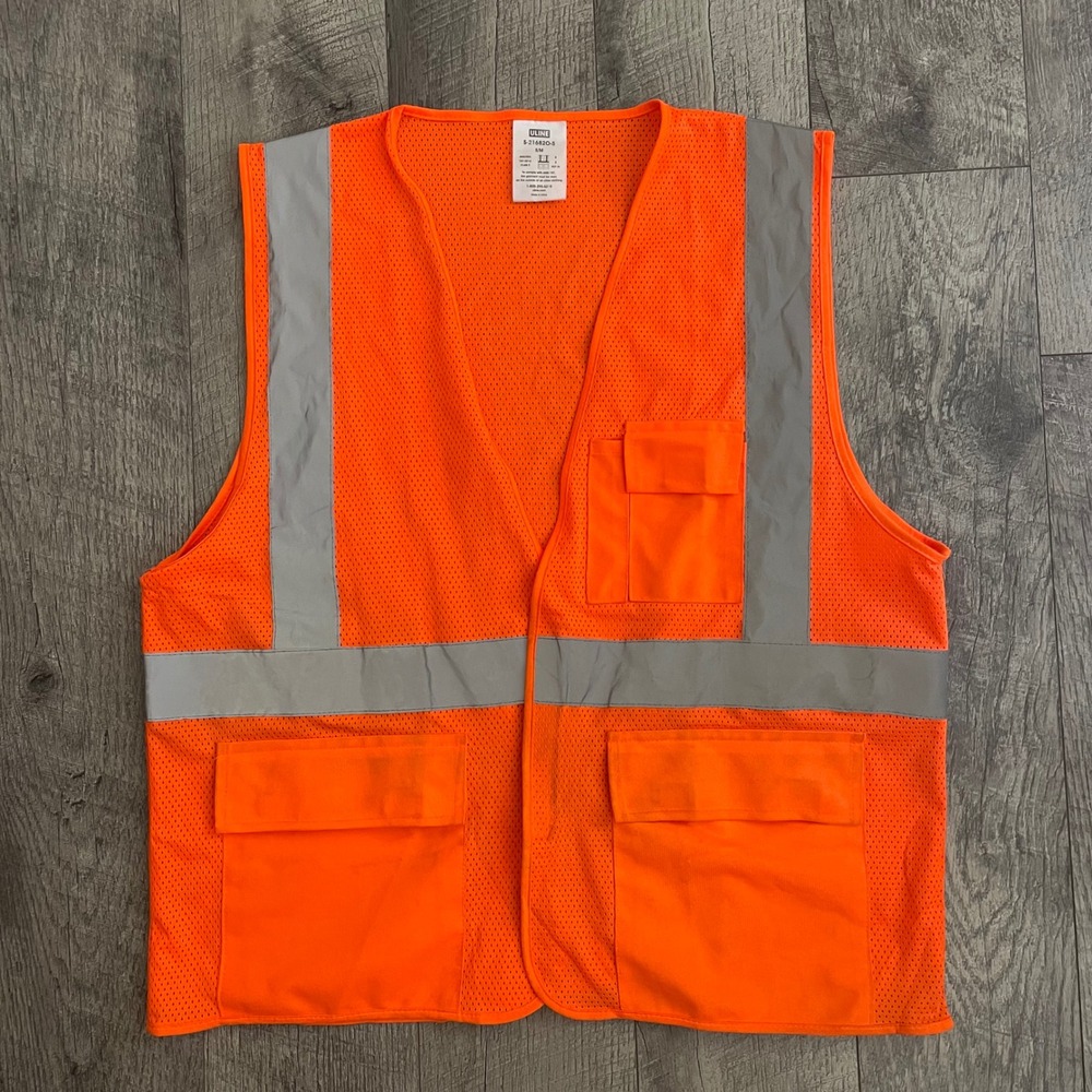 Uline Mens High Visibility Safety Vest Orange Mesh Reflective ANSI Class 2 S/M